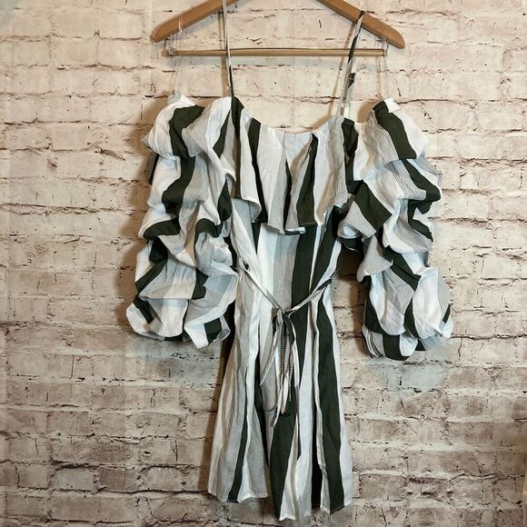 Hot & Delicious Dress Womens Medium Green Striped Ruffle Balloon Sleeve Boho - Picture 1 of 13